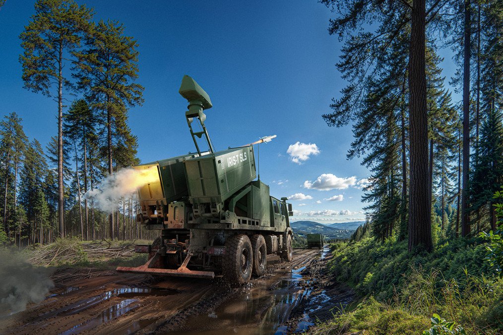 An IRIS-T SLS MK 4 short-range air defense system fires a missile during a demonstration in a forested training area.