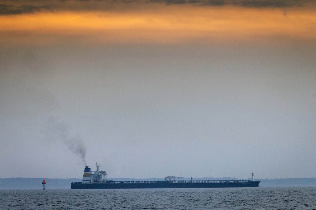 The shadow fleet tanker Turbo Voyager transits through Denmark’s Great Belt strait near Agersø island on August 15, 2024. (Source: Getty Images)