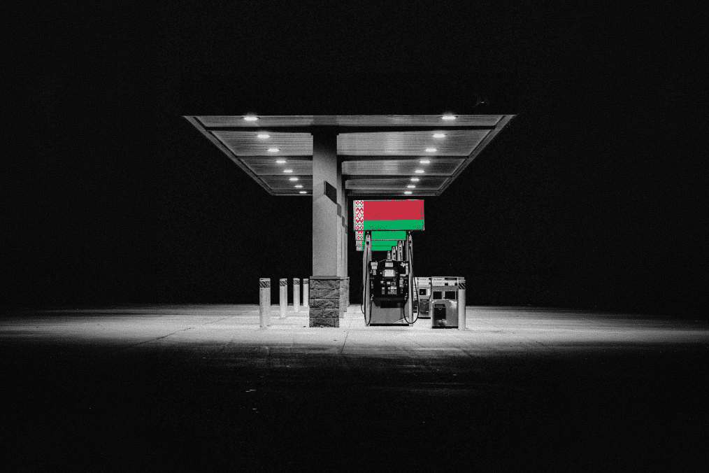 An illustration of gas station with the flag of Belarus. (Source: Oleksandr Manukians/UNITED24 Media)