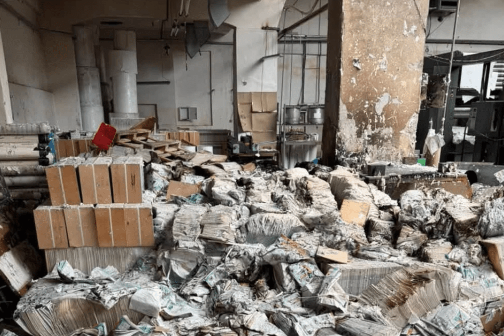 Stacks of newly printed ninth-grade textbooks lie burned and water-damaged inside the Konvi printing house in Kyiv after a Russian ballistic missile strike. (Source: Viktor Kruhlov/Facebook) Stacks of newly printed ninth-grade textbooks lie burned and water-damaged inside the Konvi printing house in Kyiv after a Russian ballistic missile strike. (Source: Viktor Kruhlov/Facebook)
