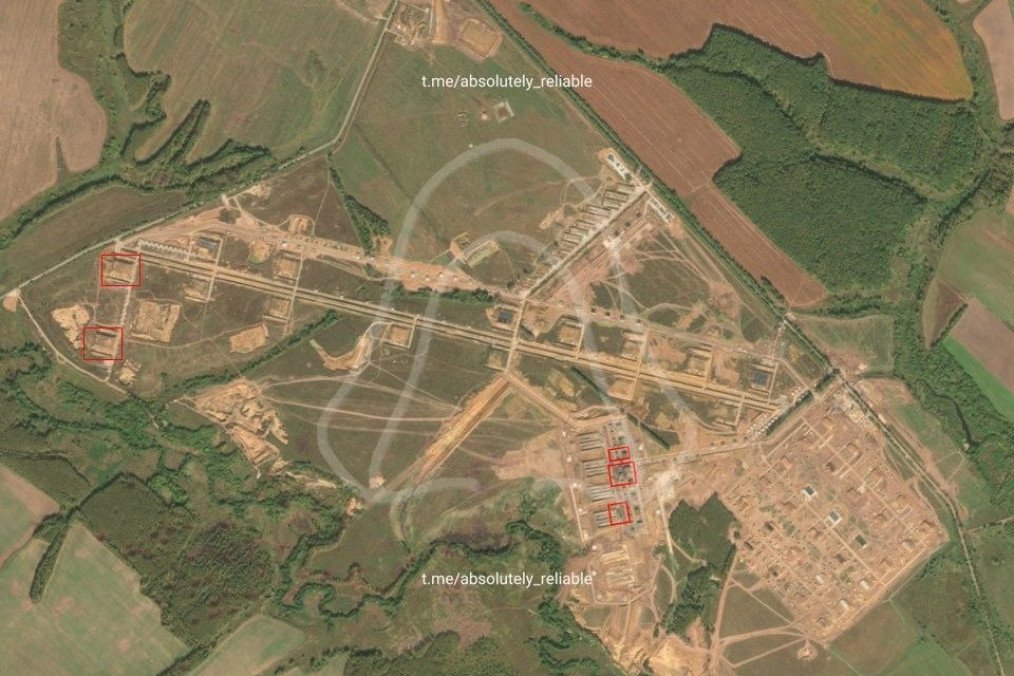Satellite image of Russia’s Tsymbulova droneport in Oryol region following a Ukrainian strike, with reported impact sites marked in red.