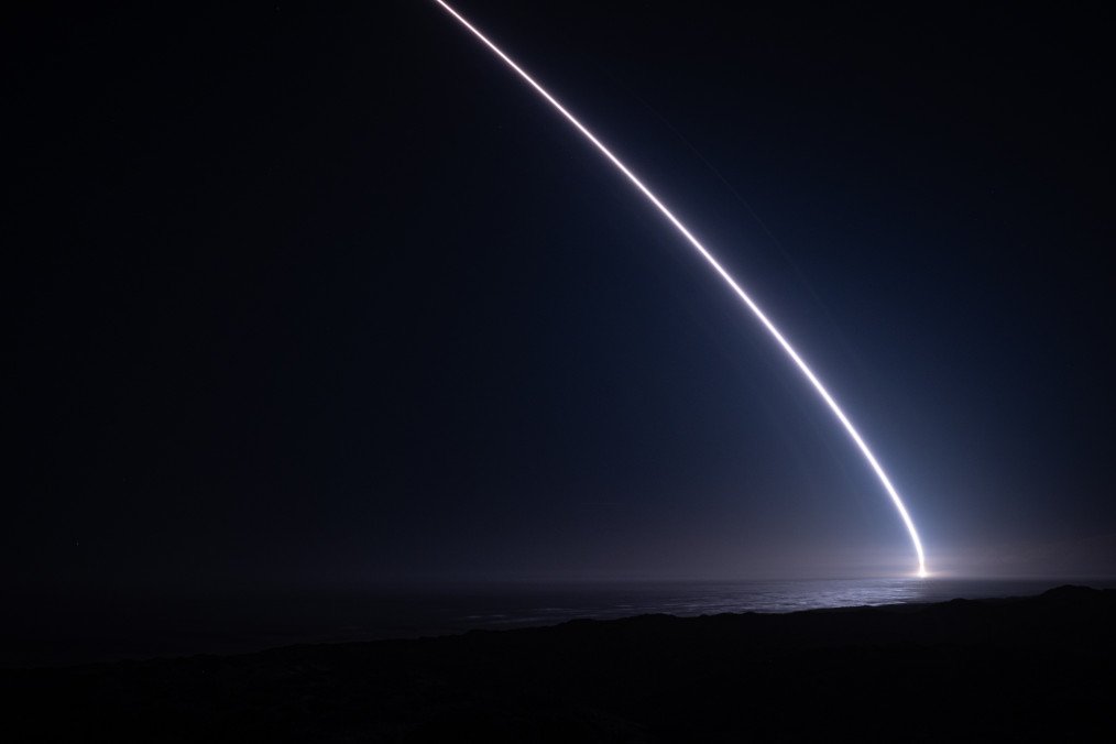 Trail of a Minuteman III intercontinental ballistic missile during a US Air Force test launch from Vandenberg Space Force Base in California on May 20, 2026. (Source: US Air Force)