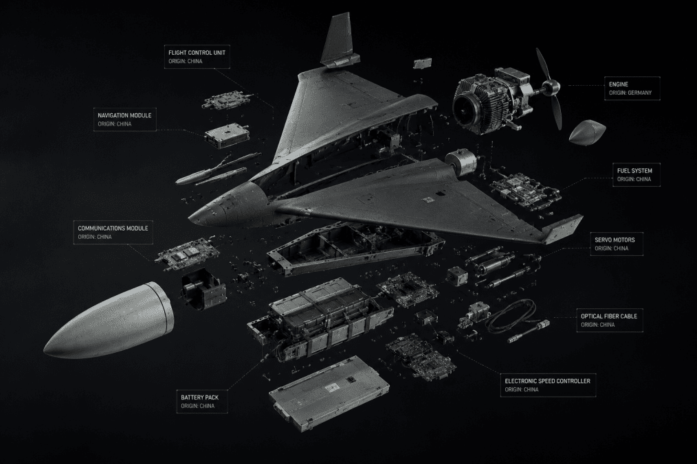 Exploded-view render of a Shahed-style drone showing internal components and supply-chain elements used in long-range UAV production. (Source: UNITED24 Media)