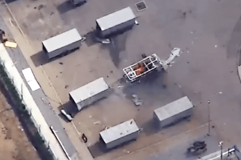 An aerial drone view shows the moment a specialized Russian “Volna Kupol Garant” electronic warfare complex is struck. (Source: Serhii “Flash” Beskrestnov)