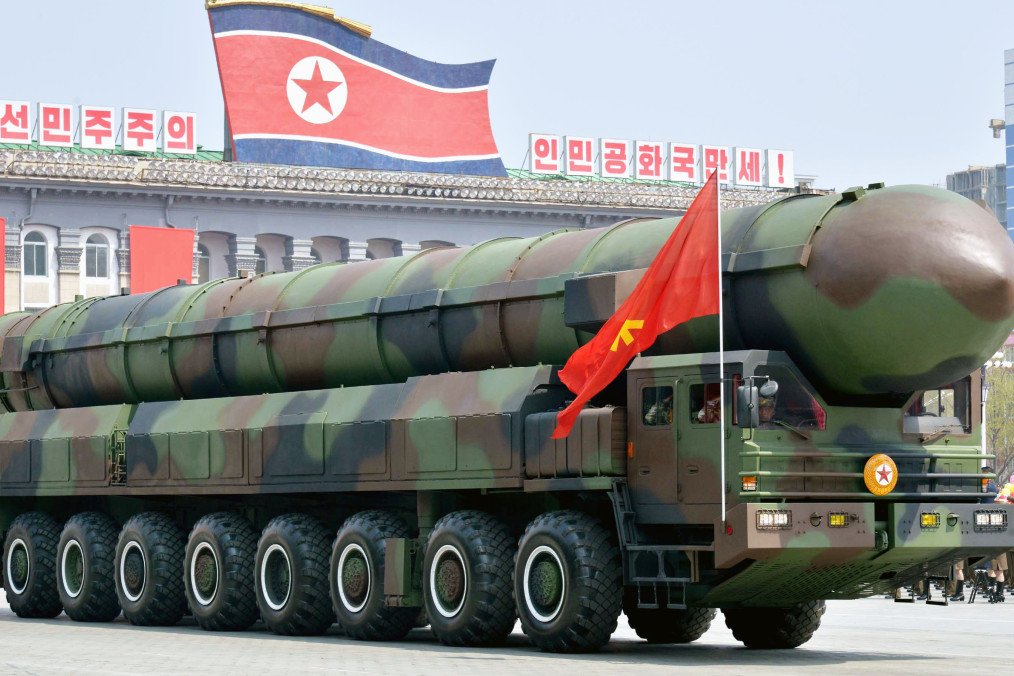 A missile launch vehicle, believed to carry an intercontinental ballistic missile, is displayed during a military parade in Pyongyang marking Kim Il Sung’s birthday, April 15, 2017. (Source: Getty Images)