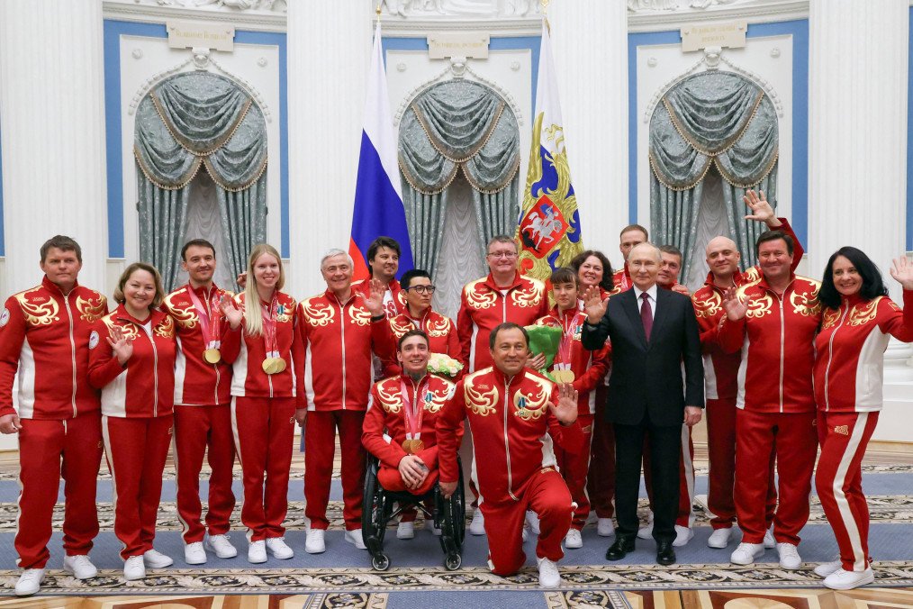 Russian leader Vladimir Putin meets with Russian Paralympians, medallists from the Milano Cortina 2026 Winter Paralympic Games during a state awards ceremony at the Kremlin in Moscow on March 19, 2026. (Source: Getty Images)