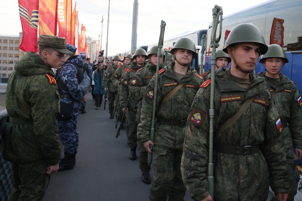 Russian cadets and officers rehearse for the Victory Day parade on Red Square in Moscow, May 3, 2025. (Source: Getty Images)