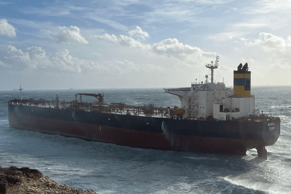 The Russian tanker Qendil, damaged in a Ukrainian drone strike, stranded near Turkey’s Bozcaada Island. (Source: The Maritime)
