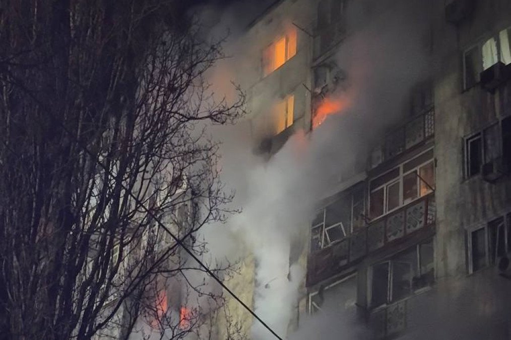 Flames and heavy smoke rise from a multi-story residential building in Odesa after it was struck during a nighttime Russian attack. (Source: Serhii Lysak)