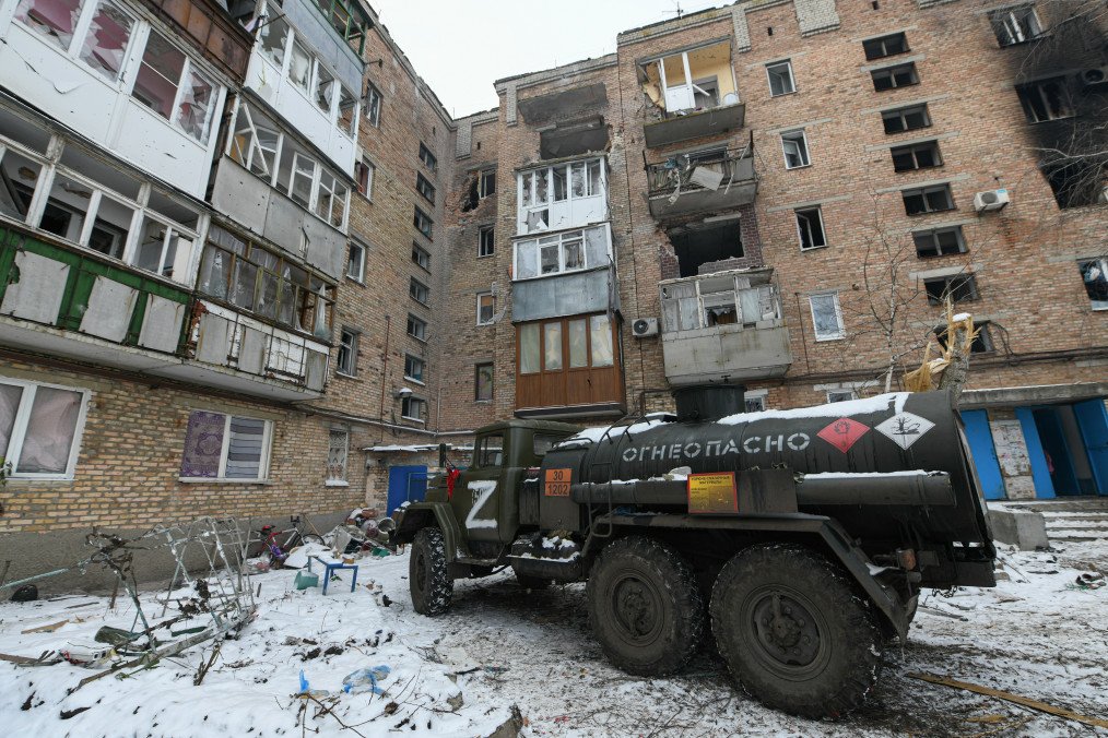Russian tank vehicle hidden in the residential building yard in the temporarily occupied Donetsk, Ukraine on March 11, 2022. Russian tank vehicle hidden in the residential building yard in the temporarily occupied Donetsk, Ukraine on March 11, 2022.