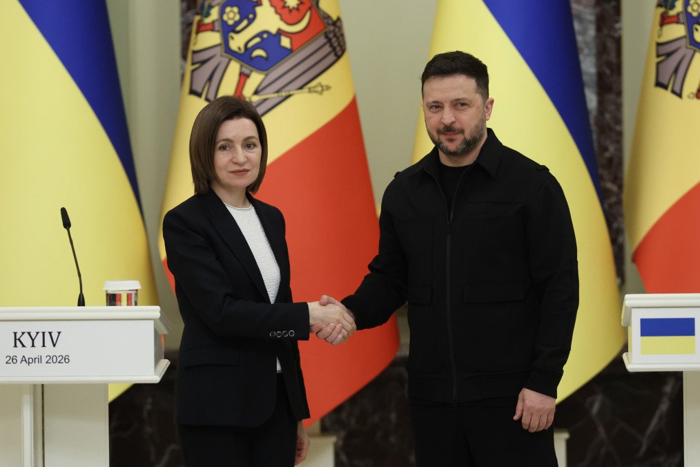 President of Moldova Maia Sandu and President of Ukraine Volodymyr Zelenskyy shake hands after a joint press conference on April 26, 2026, in Kyiv, Ukraine.