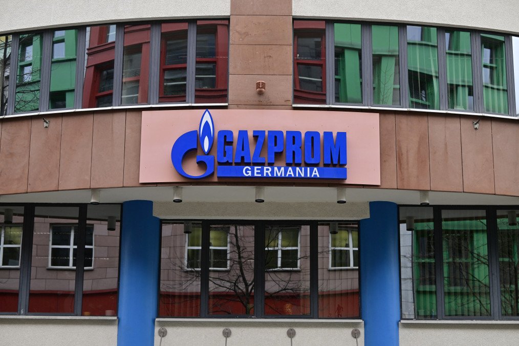 A photo taken on April 5, 2022 shows the logo of Russian gas giant Gazprom's German subsidiary Gazprom Germania on their headquarters in Berlin, Germany. (Source: Getty Images)