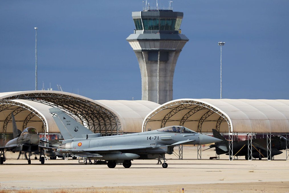 A Eurofighter C-16 Typhoon (EF-2000S) of the Spanish Air Force heads towards the runway of the Torrejon de Ardoz military base in Madrid, Spain, on October 12, 2025. (Source: Getty Images)