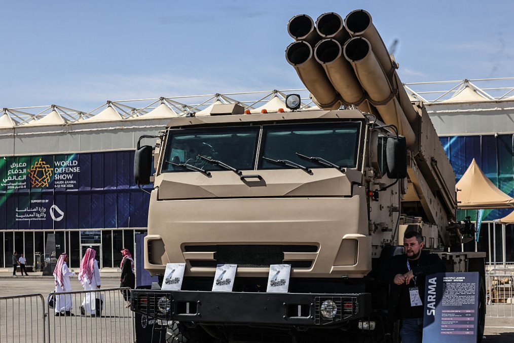 A photograph shows a Russian-made Sarma multiple launch rocket system displayed during the World Defence Show in Riyadh on February 9, 2026. (Photo by Fayez Nureldine / AFP via Getty Images)