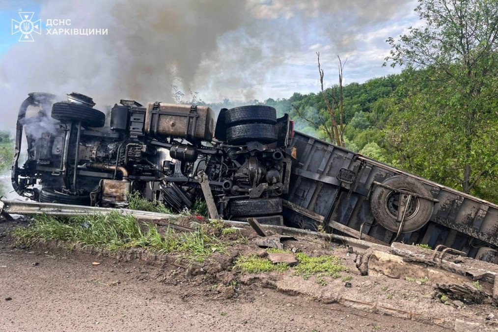 Aftermath of a Russian drone strike on a truck in the Kharkiv region.