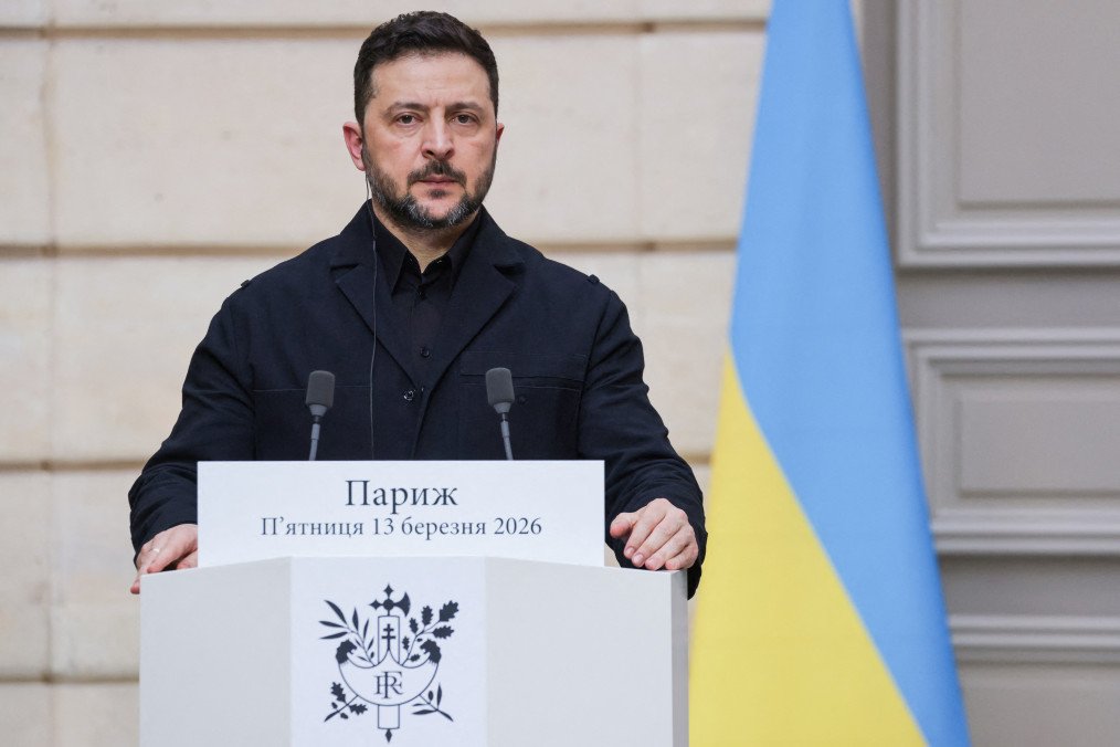 Ukrainian President Volodymyr Zelenskyy speaks during a joint press conference with French President Emmanuel Macron at the Élysée Palace in Paris on March 13, 2026. (Source: Getty Images)