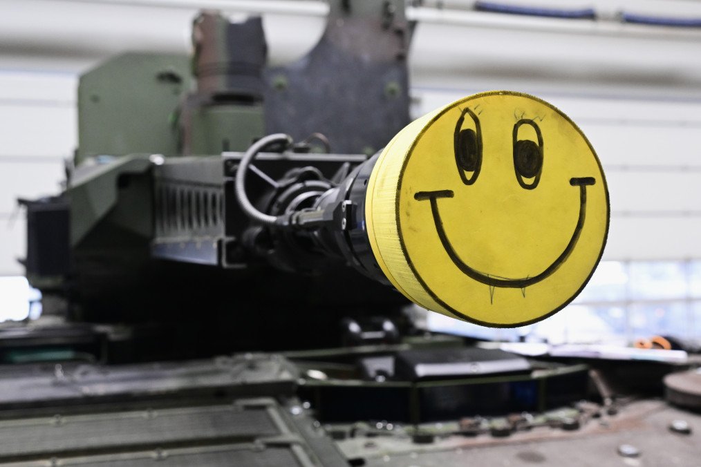 Puma fighting vehicle’s cannon at a production line of German defense contractor Rheinmetall on February 12, 2024, in Unterluess, Germany.