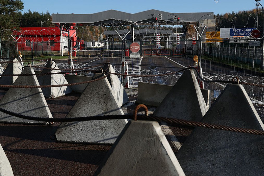 Dragon teeth anti-vehicle obstacles on the Lithuanian side at the shuttered Kotlovka border crossing to Belarus on October 27, 2026 near Lavoriškės, Lithuania. (Source: Getty Images)