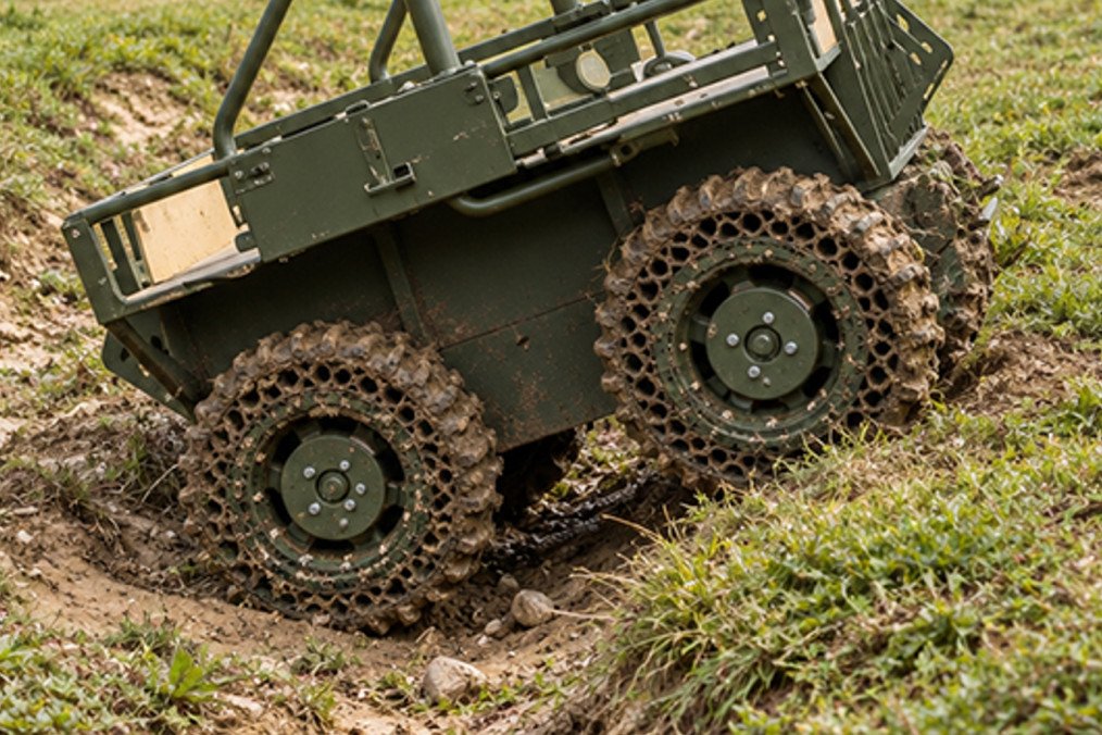 A Ukrainian unmanned ground vehicle fitted with lightweight airless wheels developed by Print&Live UA and iSCALE 3D. (Photo: Print&Live UA via Militarnyi)