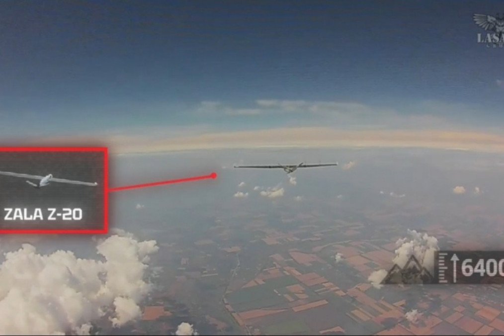 A Russian ZALA Z-20 reconnaissance drone seen through the camera of a Ukrainian interceptor drone moments before being destroyed. (Source: Lasar’s Group)