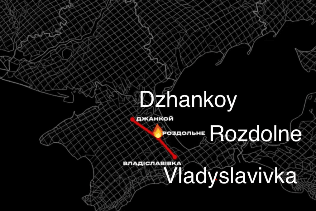 Illustration showing the railway route between Dzhankoy, Rozdolne, and Vladyslavivka in temporarily occupied Crimea.