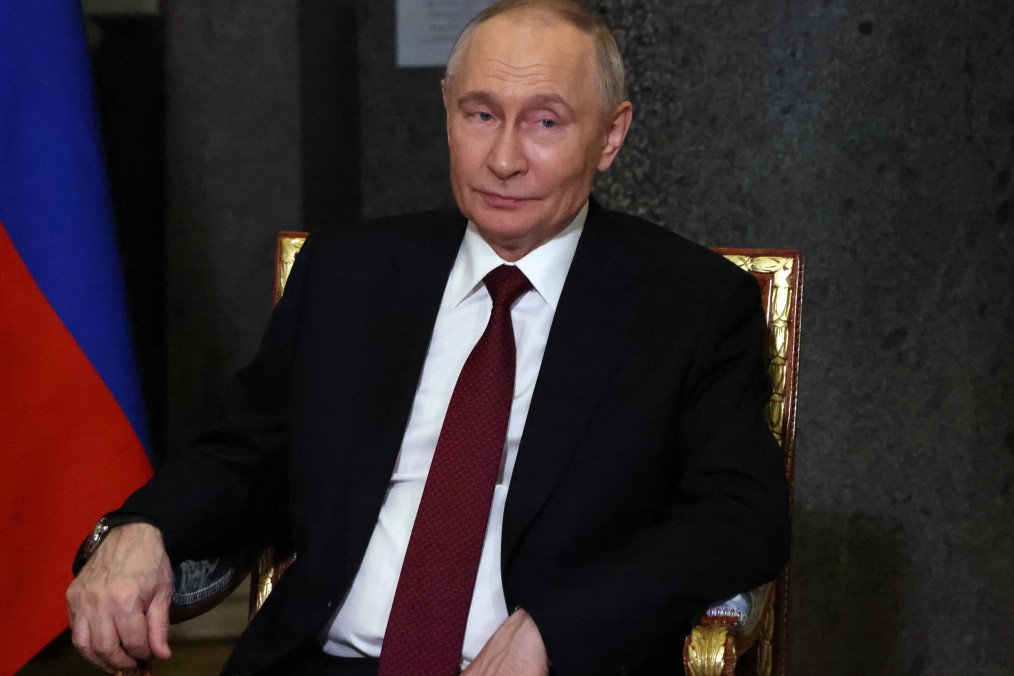 Russian President Vladimir Putin grimases at the hall of the Hemitage Museum, during the Summit of Commonwealth States, on December 22, 2025 in Saint Petersburg, Russia. (Source: Getty Images)