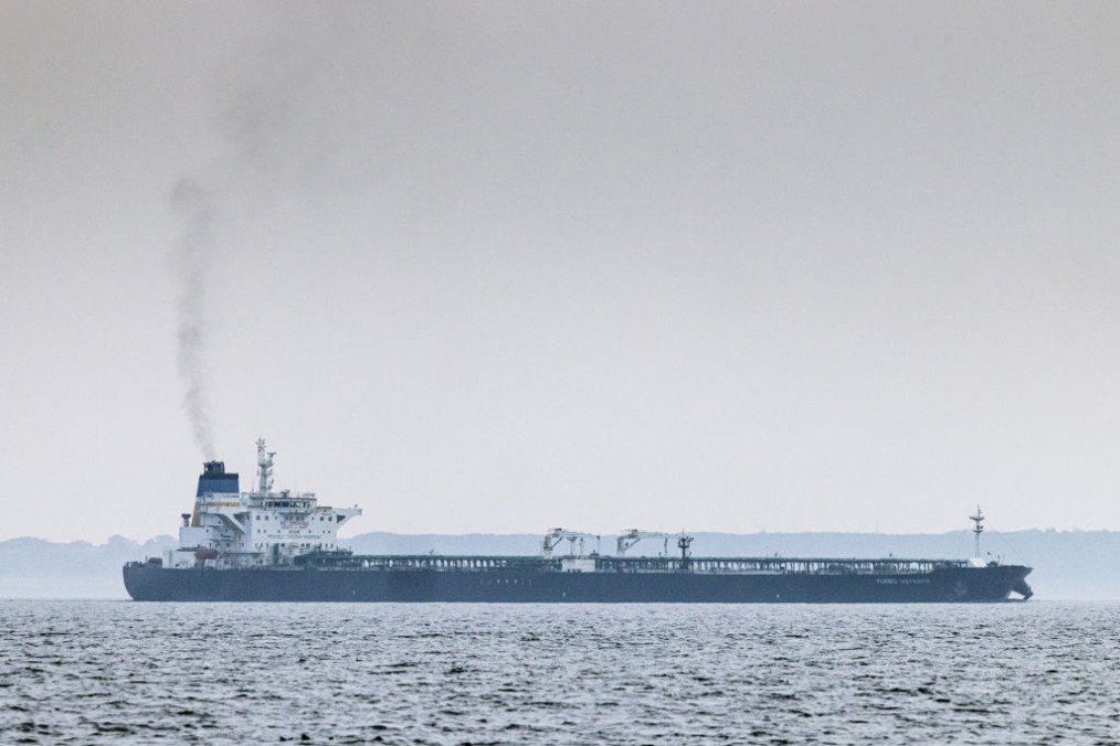 The shadow fleet tanker Turbo Voyager transits through the Great Belt of Denmark off the coast of Agerso, Denmark. (Source: Getty Images)