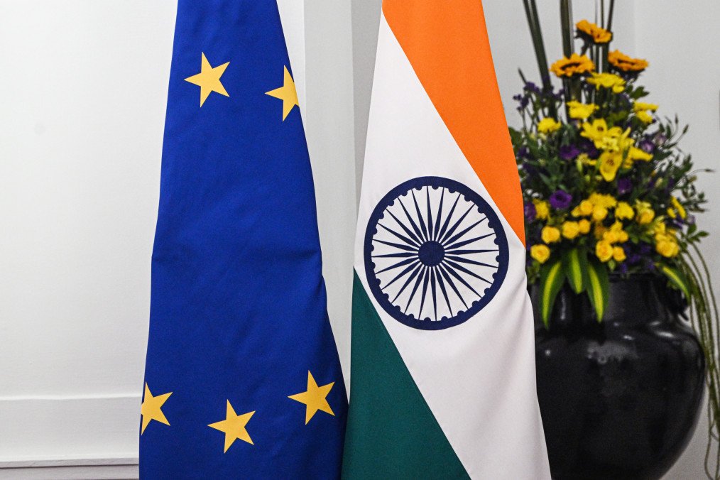 An European flag and an Indian flag at Hyderabad House in New Delhi, India, on January 27, 2026. (Photo: Getty Images)