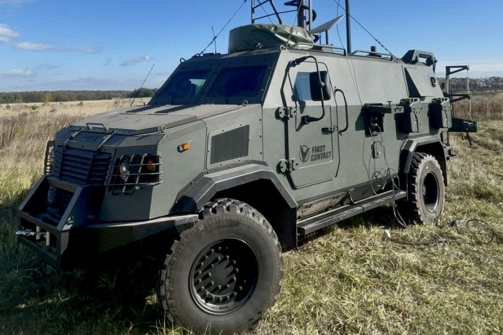 FC.KP electronic warfare system on a Ukrainian Kozak-5 armored vehicle. (Source: First Contact)