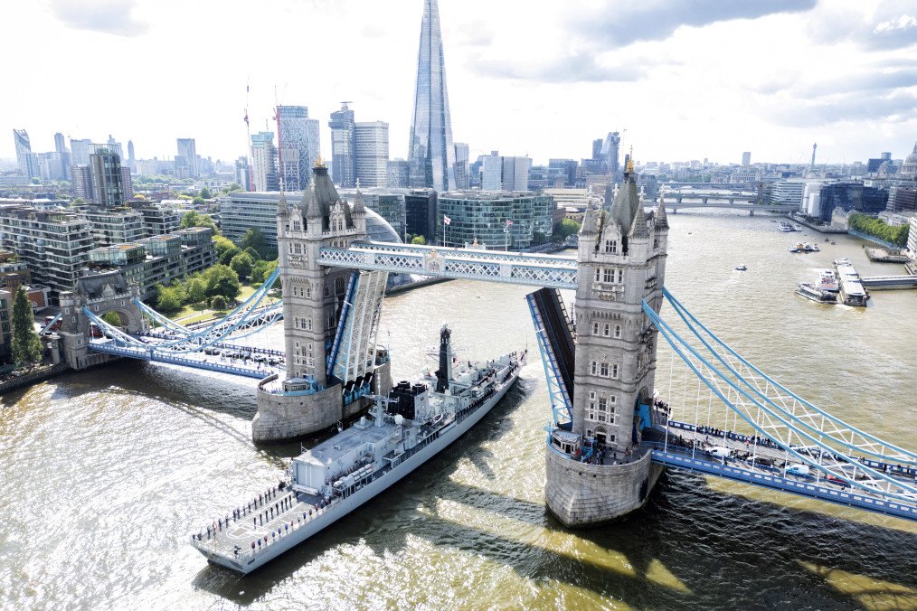 HMS Sutherland passes Tower Bridge on the River Thames on May 12, 2025, in London, England. (Source: Getty Images)