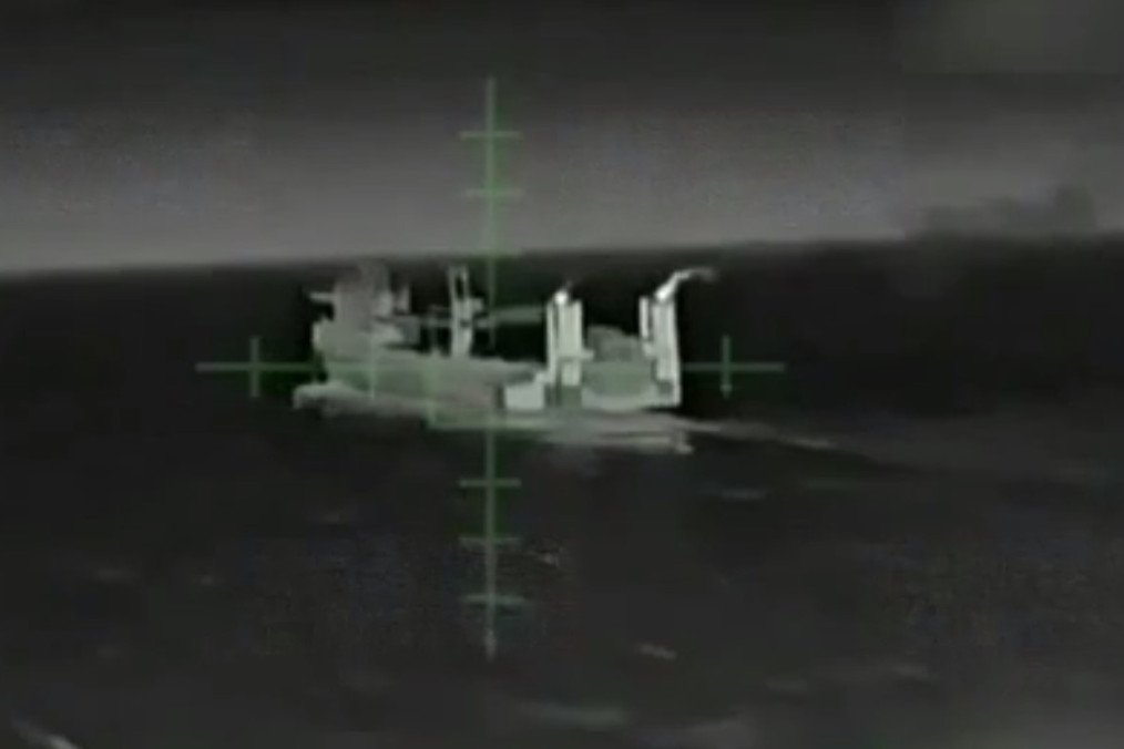 Drone targeting footage showing the Russian cargo ship Lady Maria in the Mediterranean Sea. (Source: Nevzorov)