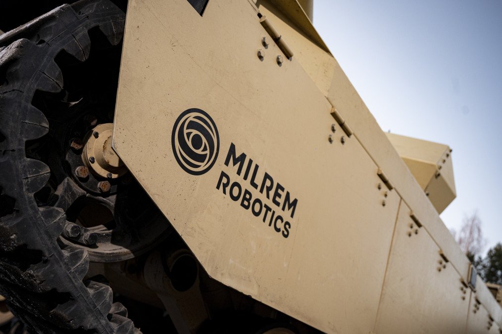 The Milrem Robotics logo is on a Type-X Robotic Combat Vehicle. The Milrem Robotics logo is on a Type-X Robotic Combat Vehicle.