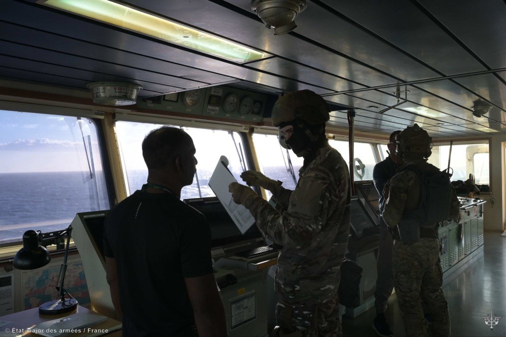 French Navy personnel detain the captain of the sanctioned oil tanker Grinch during an inspection in the Mediterranean. (Photo: French Navy)