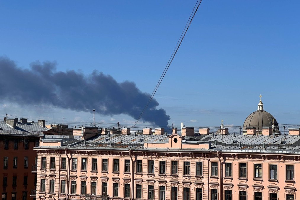 Black smoke rises after Ukraine reportedly launched unmanned aerial vehicle attacks on the opening day of the St. Petersburg International Economic Forum in St. Petersburg, Russia, on June 3, 2026. (Source: Getty Images)