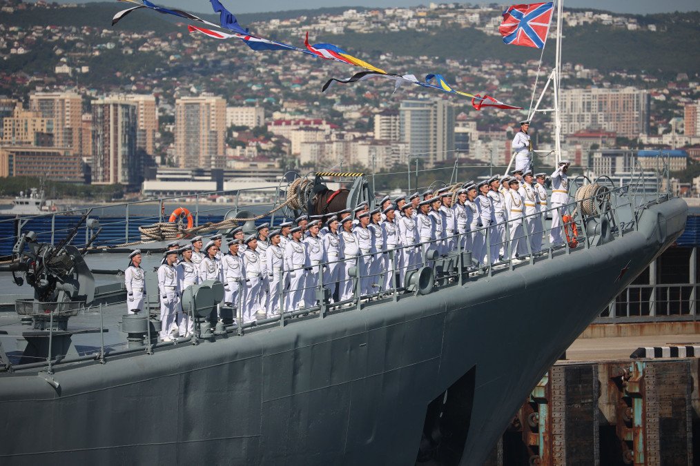 Illustrative image. Sailors stand at attention on the deck of a Russian Black Sea Fleet warship during the Navy Day celebrations in the port city of Novorossiysk on July 30, 2023. (Source: Getty Images)