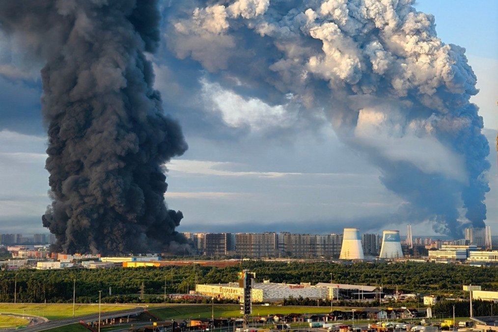 Wildberries logistics centers in St. Petersburg on fire after a drone strike, July 24, 2026.
