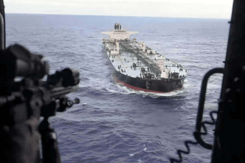 A sanctioned oil tanker pictured at sea during a US military maritime interdiction operation, as American forces enforced a quarantine on vessels accused of violating sanctions. Illustrative image. (Photo: US Department of War)