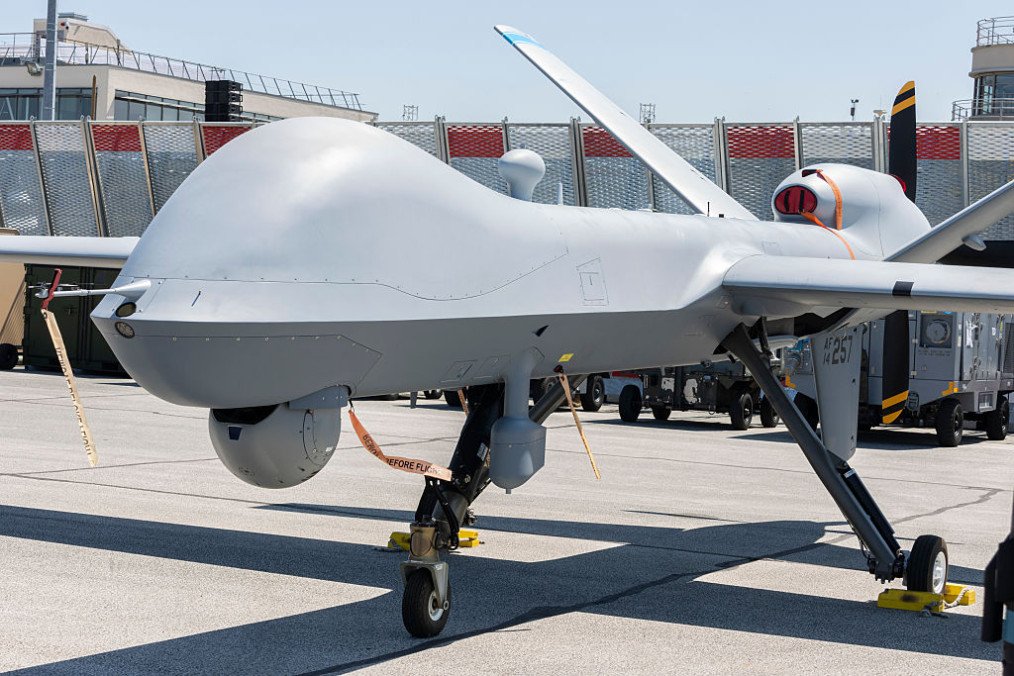 A General Atomics MQ-9 Reaper unmanned aerial vehicle of the USAF is displayed on the tarmac during the Paris Air Show 2025 at Le Bourget Airport. (Source: Getty Images) A General Atomics MQ-9 Reaper unmanned aerial vehicle of the USAF is displayed on the tarmac during the Paris Air Show 2025 at Le Bourget Airport. (Source: Getty Images)