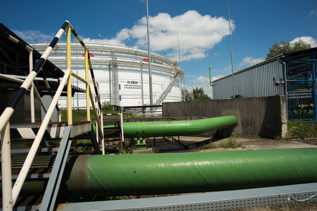 A view of one of the crude oil storage tanks with petroleum that was transported to the Slofnaft refinery by a green pipeline Druzhba on May 31, 2022 in Bratislava, Slovakia. (Souce: Getty Images)