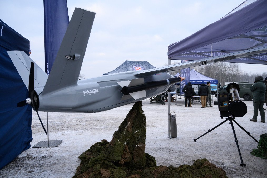 An unmanned aerial vehicle during an open test of unmanned weapon systems conducted by the Polish Armaments Group at the Military Institute of Armament Technology training ground near Warsaw, on February 19, 2026. (Source: Getty Images)