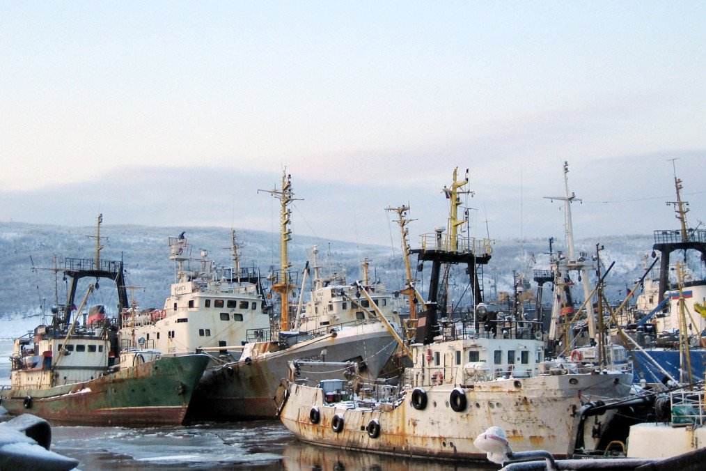 Trawlers from the Murmansk fleet in the port, waiting for the next fishing expedition on February 21,  2006. (Source: Getty Images)