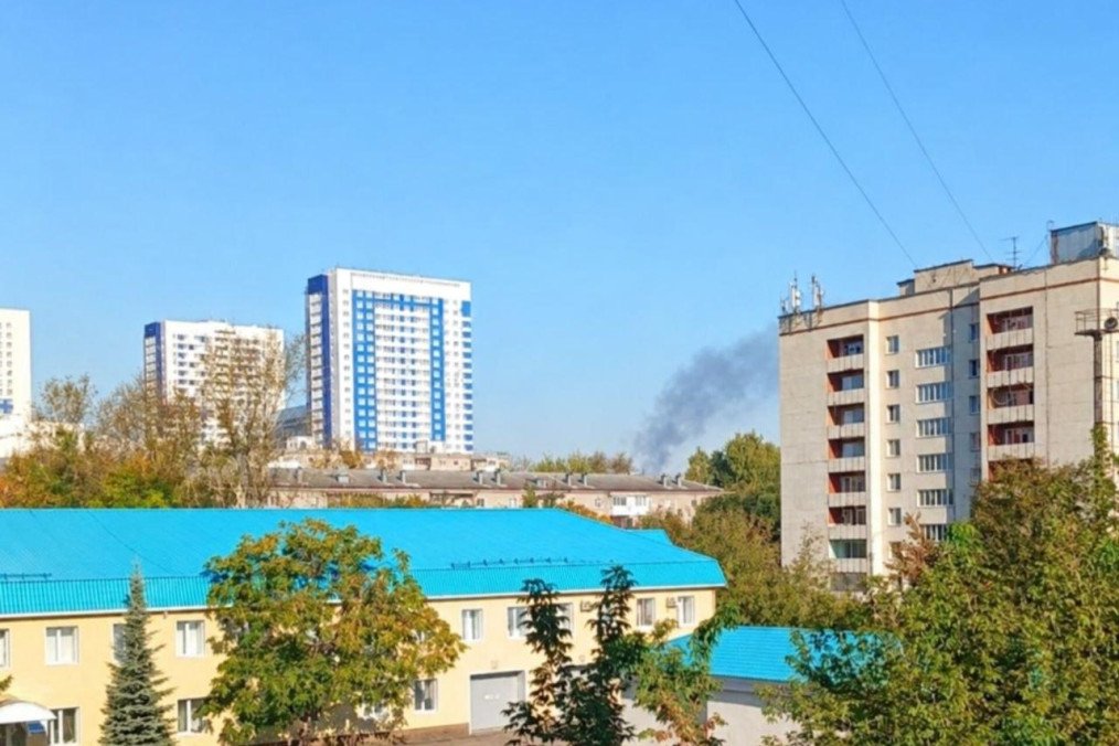 A plume of smoke rises above the Ufa skyline following reported explosions during a Ukrainian drone attack on September 23. (Source: Astra)