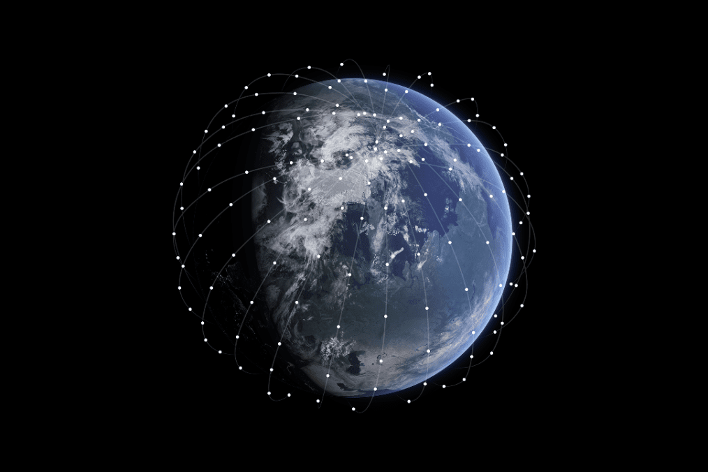 Illustration of a low-Earth-orbit satellite communications network around Earth. Illustration of a low-Earth-orbit satellite communications network around Earth.
