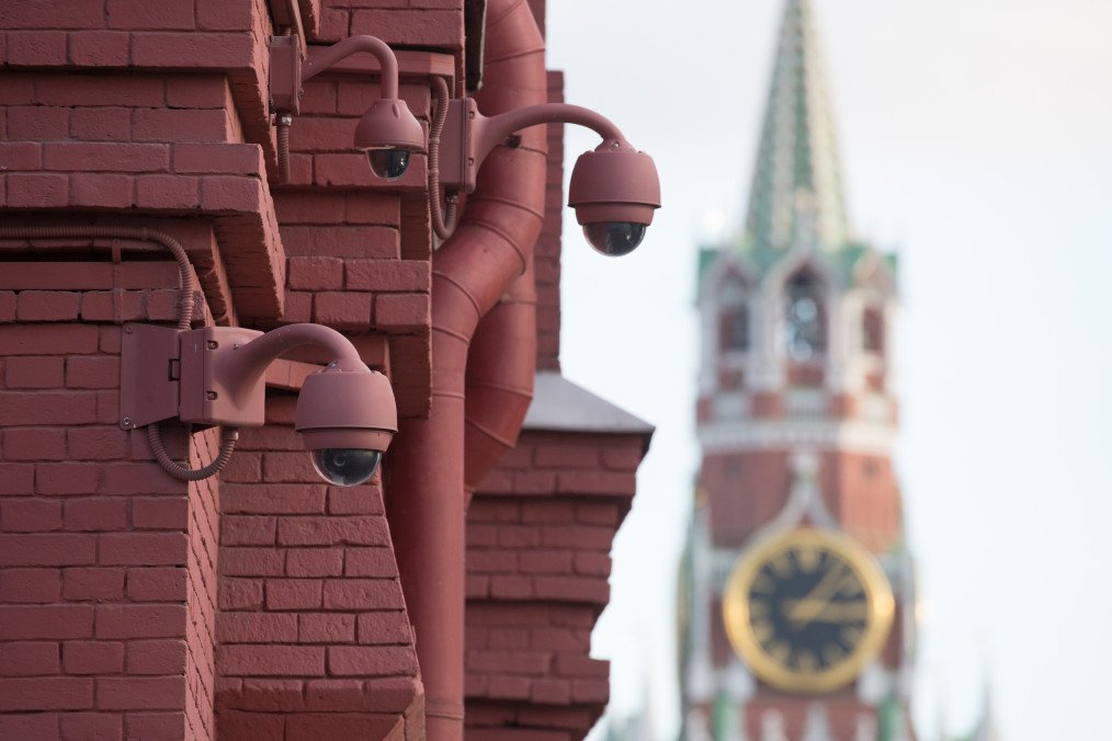 A cluster of surveillance cameras operates in Moscow, Russia, on Saturday, November 2, 2019.