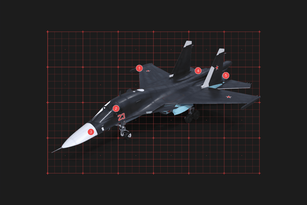 Infographic showing the Su-34 fighter-bomber with highlighted positions of key onboard systems and components. (Source: Oleksandr Manukians / UNITED24 Media) Infographic showing the Su-34 fighter-bomber with highlighted positions of key onboard systems and components. (Source: Oleksandr Manukians / UNITED24 Media)