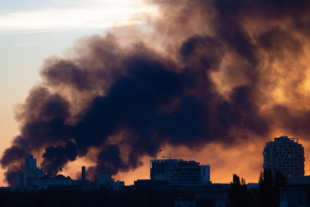 Residential buildings stand against the backdrop of smoke from a Russian attack on September 8, 2026 in Kyiv, Ukraine. (Source: Getty Images)