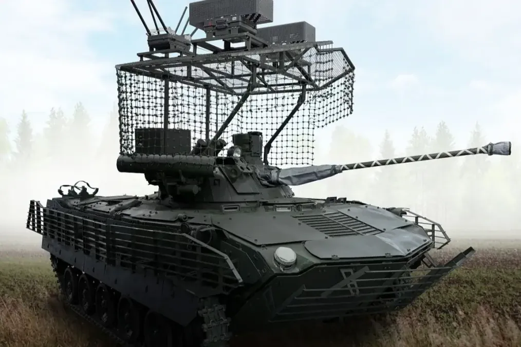 A rendered image shows one of Russia’s new BMD-2M airborne infantry fighting vehicles with added cage armor and the Bereg combat module.