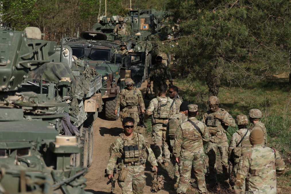 Soldiers of the US Army 2nd Cavalry Regiment Stryker Brigade as they participate in the Amber Shock 26 portion of the Saber Strike 26 NATO military exercises on May 6, 2026, near Bemowo Piskie, Poland. Source: Getty Images