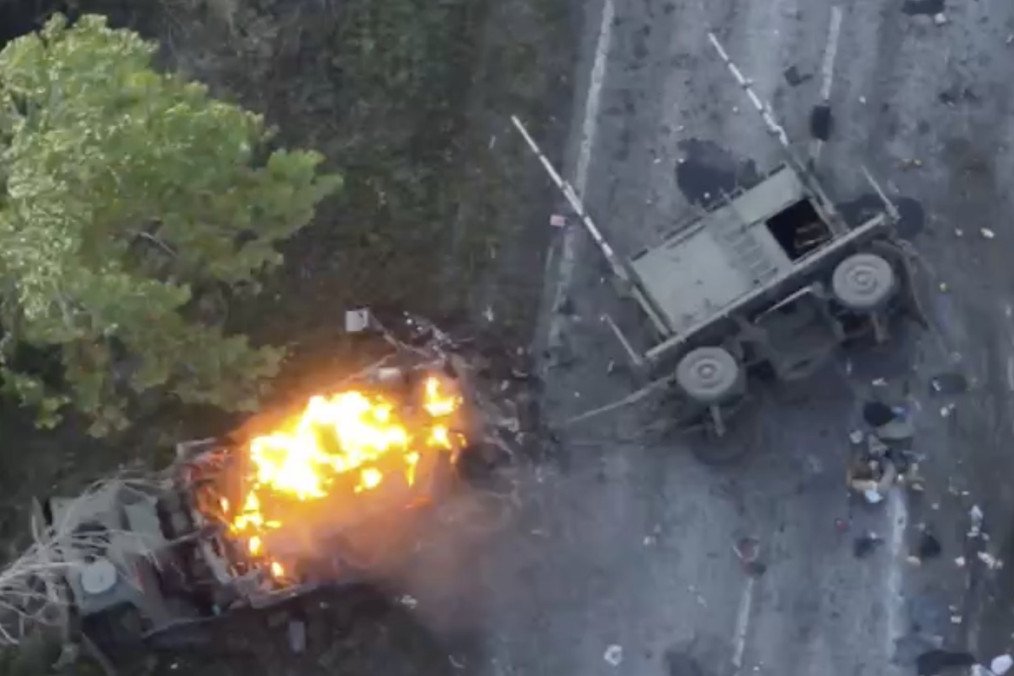 Illustrative image. Russian R-330 Zhitel electronic warfare vehicle burning after a Ukrainian Armed Forces strike in Kharkiv region, 2022. (Source: Militarnyi)