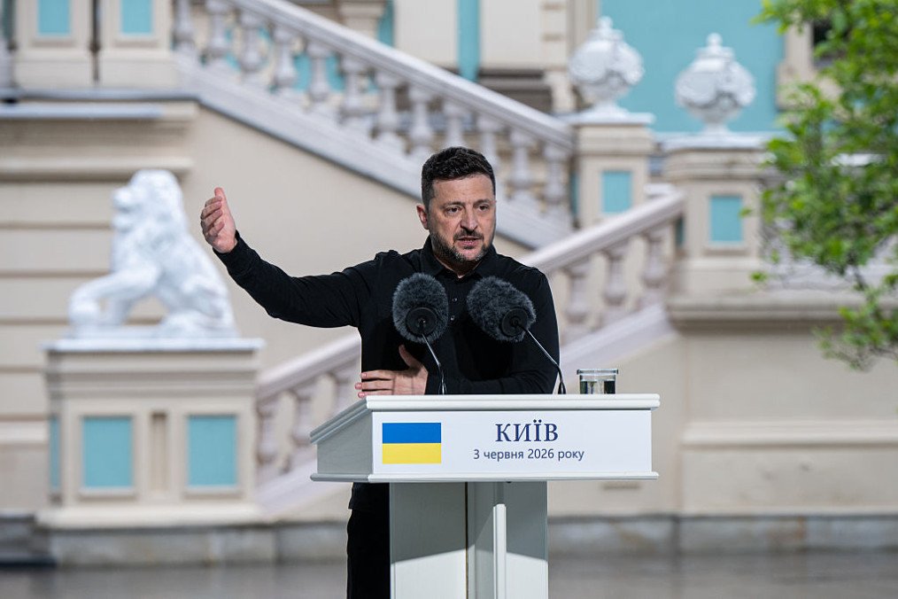 Ukrainian President Volodymyr Zelenskyy and NATO Secretary General Mark Rutte (not seen) hold a joint press conference in Kyiv, Ukraine, on June 3, 2026. (Source: Getty Images) Ukrainian President Volodymyr Zelenskyy and NATO Secretary General Mark Rutte (not seen) hold a joint press conference in Kyiv, Ukraine, on June 3, 2026. (Source: Getty Images)